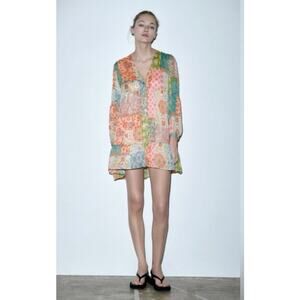 Zara Patchwork Boho Mini Dress V Neck Metallic Thread Button Front Size M